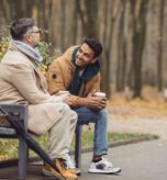 Friends,,A,Senior,And,A,Young,Man,Sit,In,The Five things to avoid saying when discussing someone's weightloss||friends discussing someone's recent weight loss